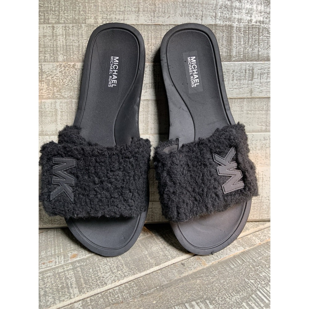 Michael Kors Faux Fur Slides Sandals Women's Size 7 Flip Flops Black On Black